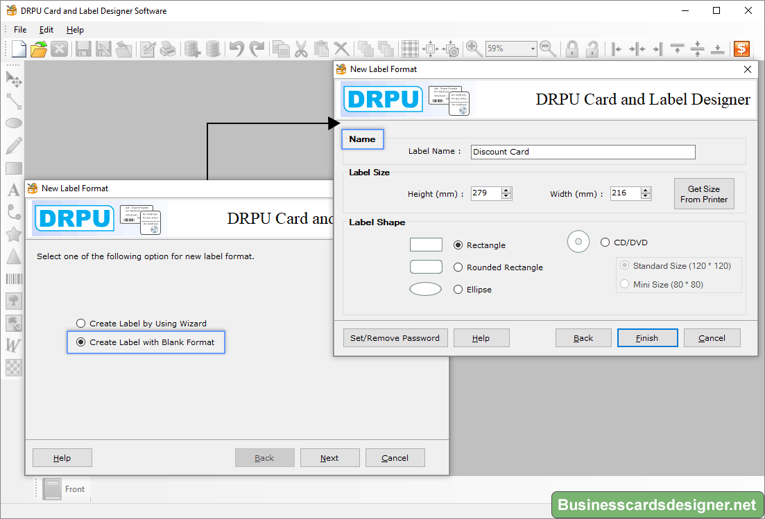 Specify label Name, size and shape