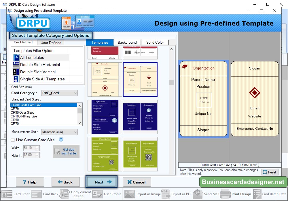 Select Template Category and Card Size