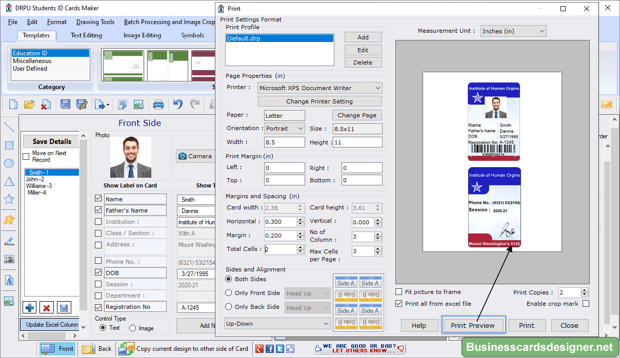 Print Properties Student ID Card Maker tool
