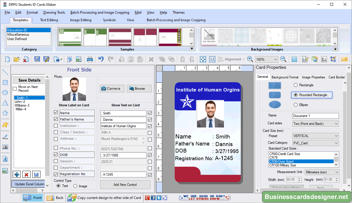 Card Properties Student ID Card Maker tool
